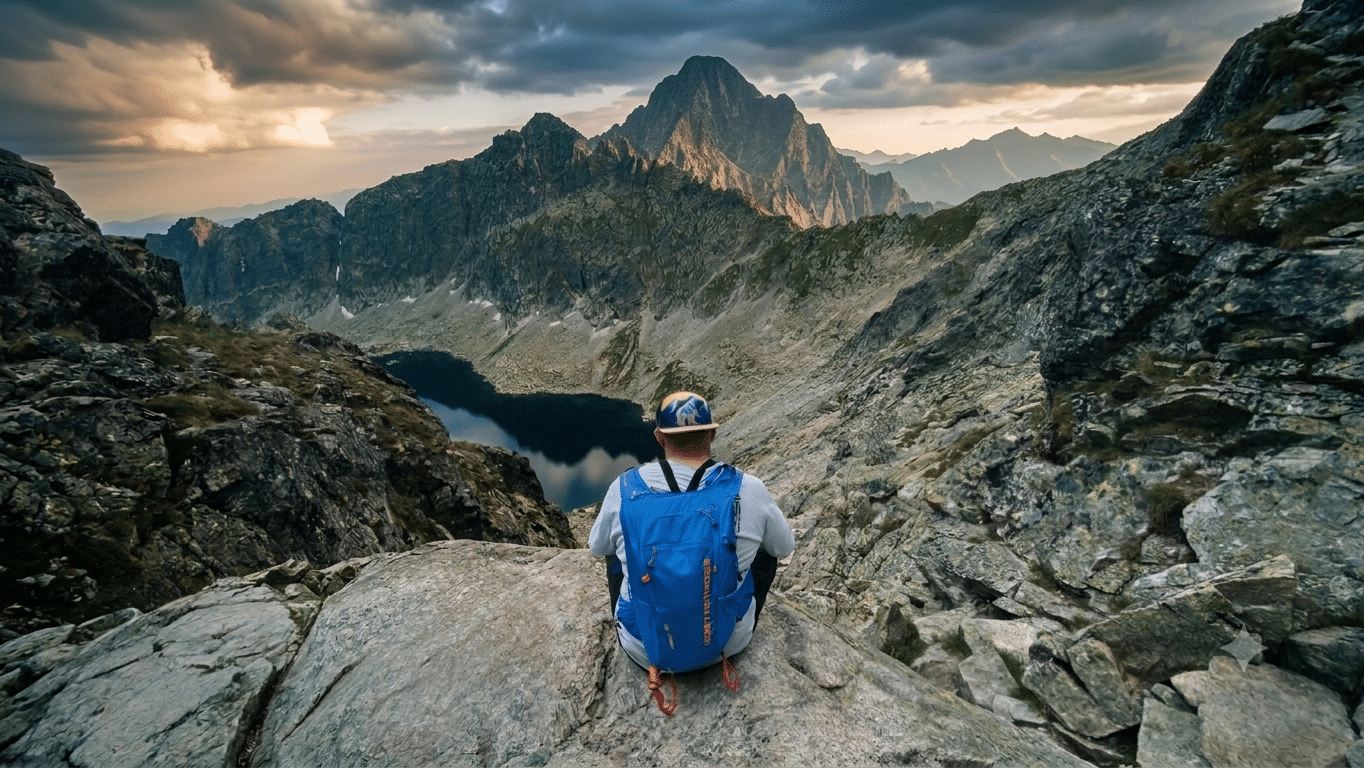 branosimkosk - bystra lavka 2 Hiker v bielom tričku a s modrým batohom sedí na skalnatom okraji horského sedla. Pod ním sa nachádza tmavomodré horské pleso, nad ktorým sa tyčia majestátne, slnkom osvetlené žulové štíty. Scéna je zarámovaná tmavými skalami v popredí a dramatickými mrakmi na oblohe.